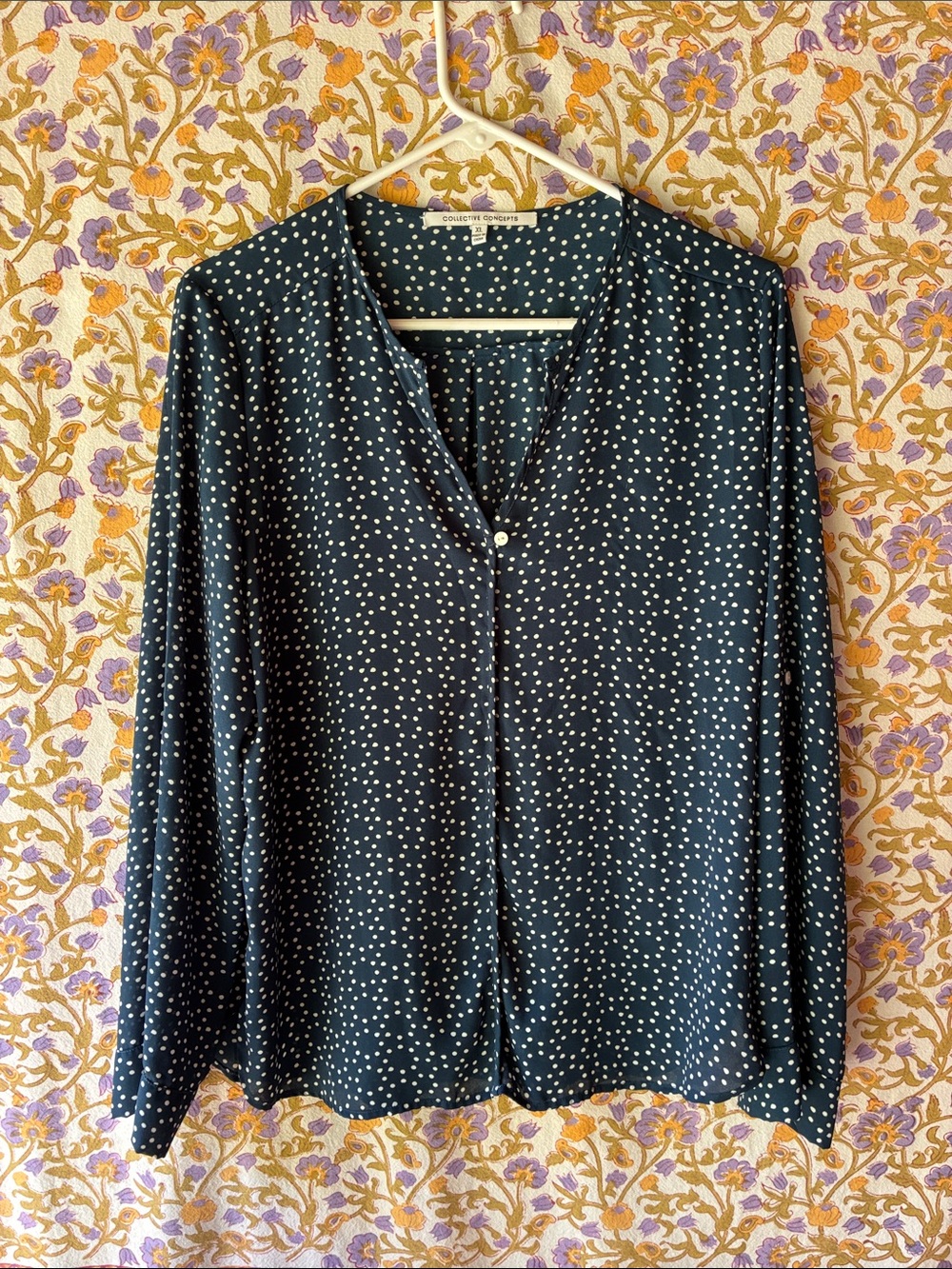 Polka Dot Long-Sleeve V-Neck Blouse - Navy